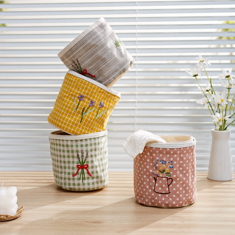 Padded fabric storage basket with Vichy check and embroidered lavender motif