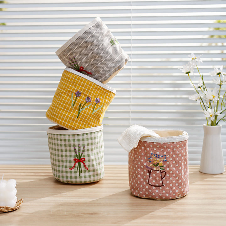 Padded fabric storage basket with Vichy check and embroidered lavender motif