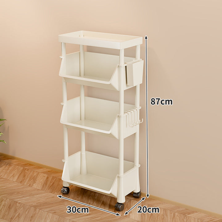 Slim Vertical Four-Bin Rolling Storage Tower with Deep Angled Bins and Side Hook