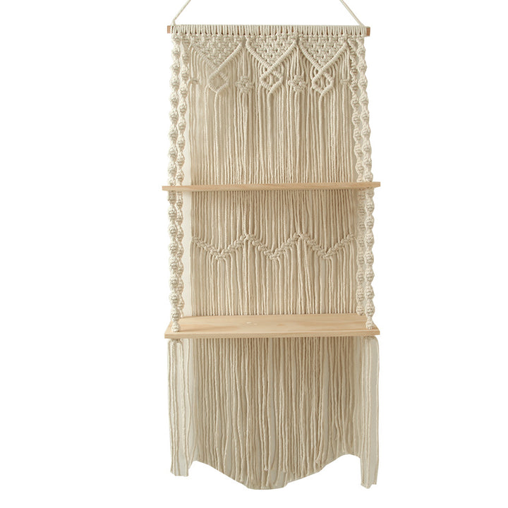 Macrame Wall Shelf with Natural Wooden Shelves