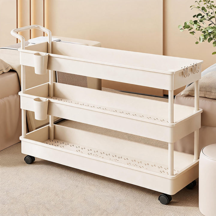 Compact Two-Tier Rolling Storage Trolley with Handle and Hooks