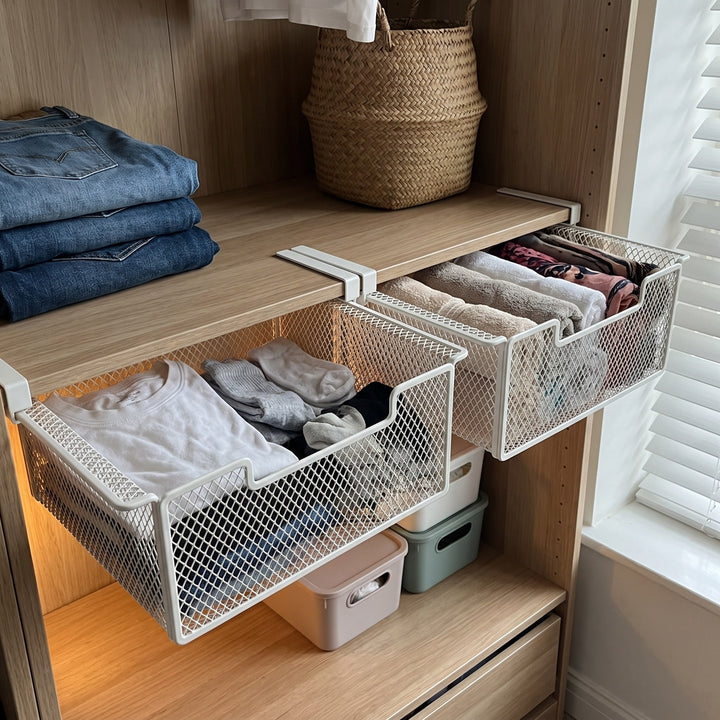Under-Desk Sliding Mesh Storage Drawer with Clamp Mount