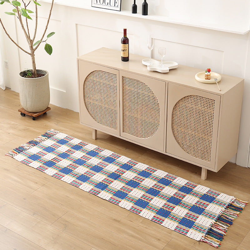 Flat woven bed runner and carpet runner with vibrant checked design