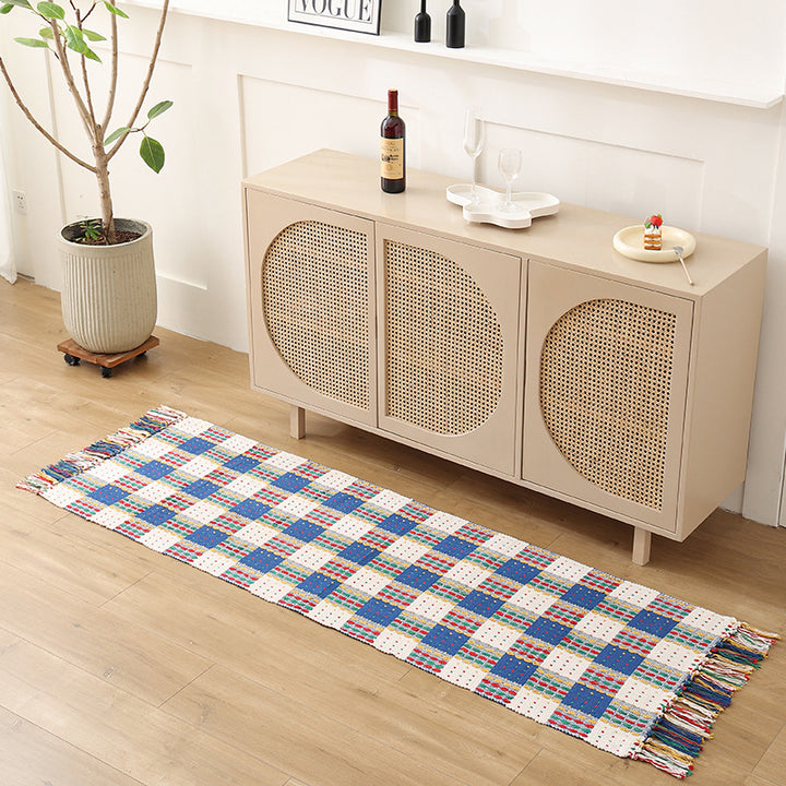 Flat woven bed runner and carpet runner with vibrant checked design