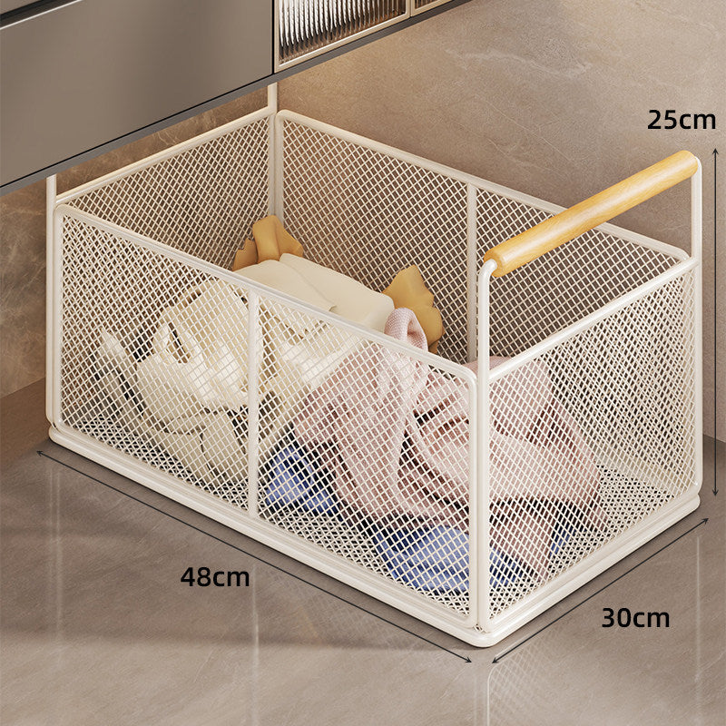 Large Rectangular Metal Mesh Utility Basket with Wooden Handle