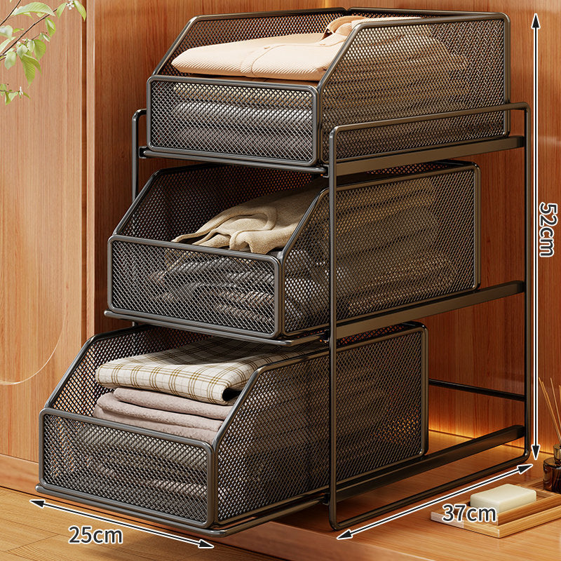 Two-Tier Pull-Out Wire Mesh Closet Organizer with Soft-Glide Slide and Stackable Drawers