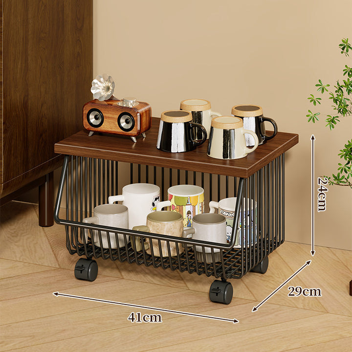 Mobile Four-Tier Kitchen Pantry Organizer Cart with Wood Top and Rolling Wire Baskets