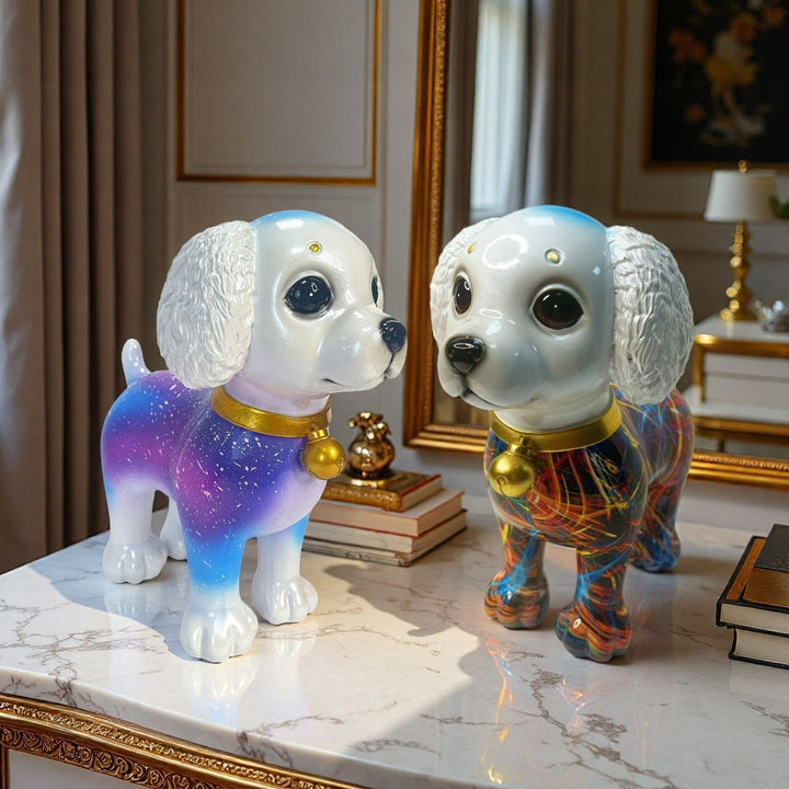 Artistic dog sculpture with colorful design