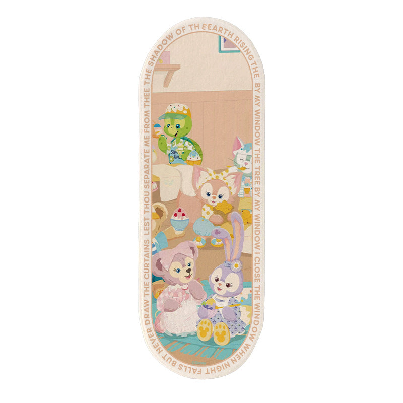 Plush Oval Runner Rug with Cute Cartoon Bear & Friends Print