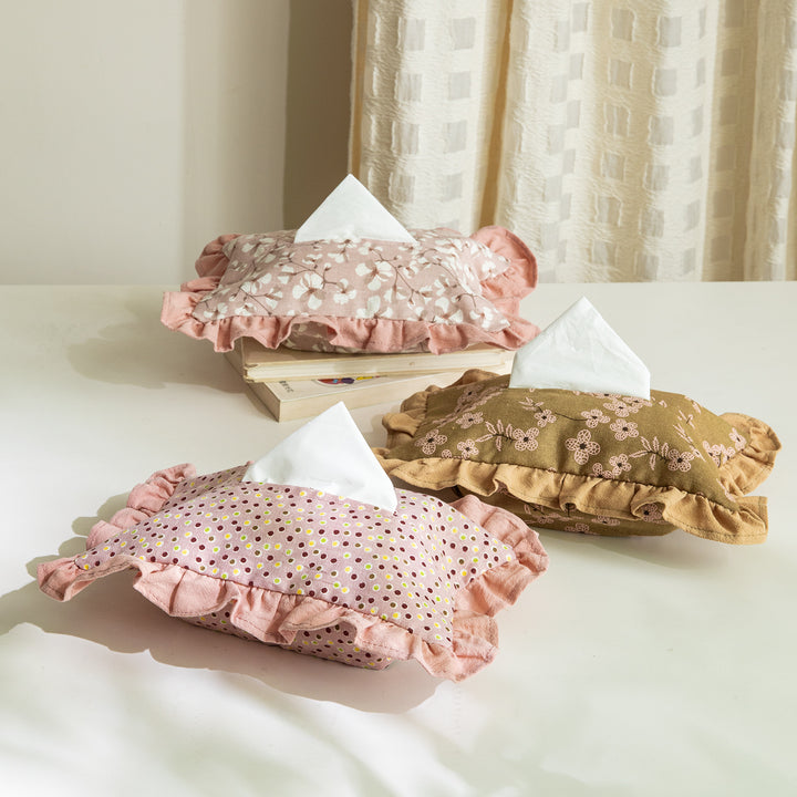 Embroidered fabric tissue box cover with ruffle and concealed zipper
