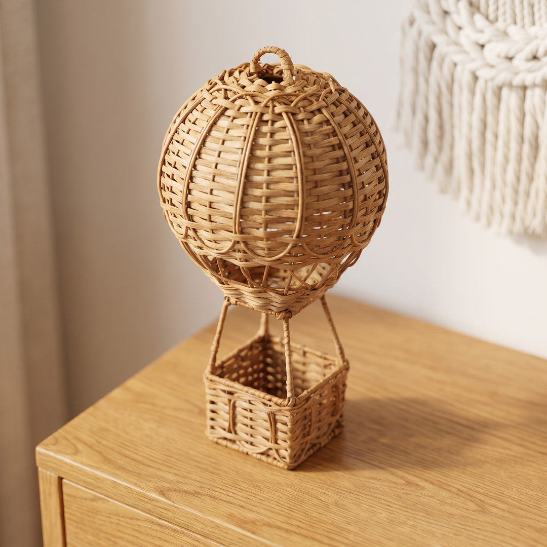 Handwoven storage basket in hot air balloon design