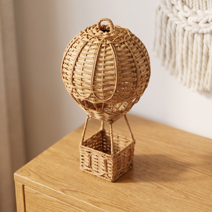 Handwoven storage basket in hot air balloon design