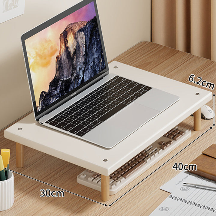 Compact Desktop Laptop and Monitor Riser with Under-Keyboard Storage and Wood Legs