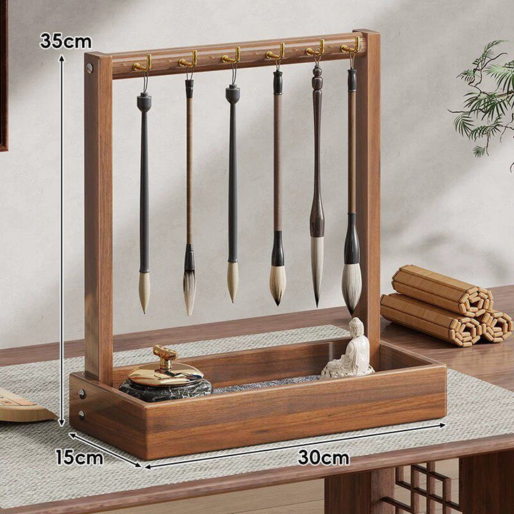 Desktop Wooden Calligraphy Brush Stand with Sand Tray and Hanging Hooks