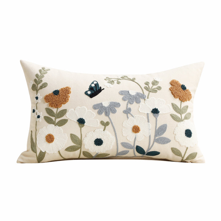 Embroidered Botanical Linen Decorative Pillow Cover with Textured Chenille Accents