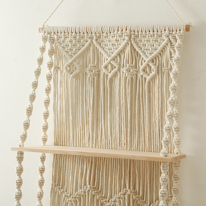 Macrame Wall Shelf with Natural Wooden Shelves