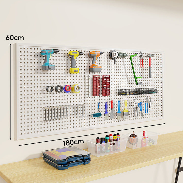 Heavy-Duty Wall-Mounted Perforated Steel Pegboard Tool Organizer with Modular Hooks and Shelf