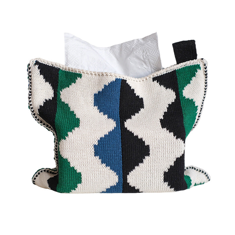 Knitted tissue box cover with geometric jacquard pattern and zipper