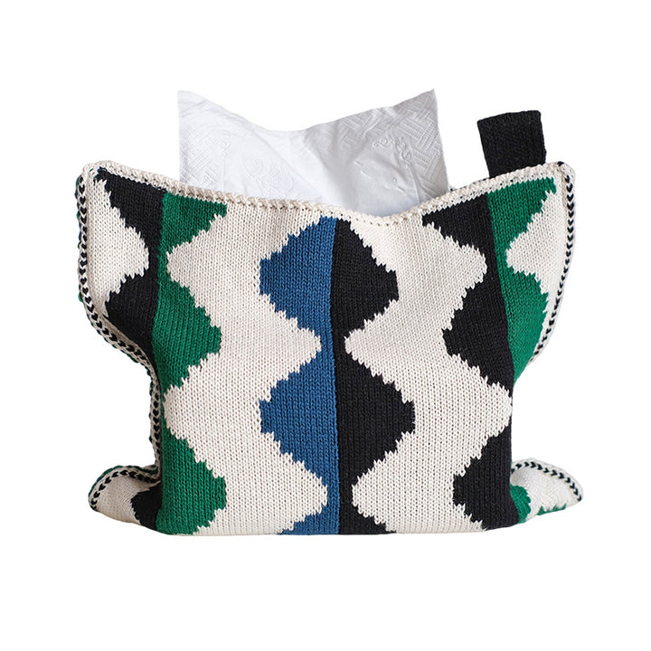 Knitted tissue box cover with geometric jacquard pattern and zipper