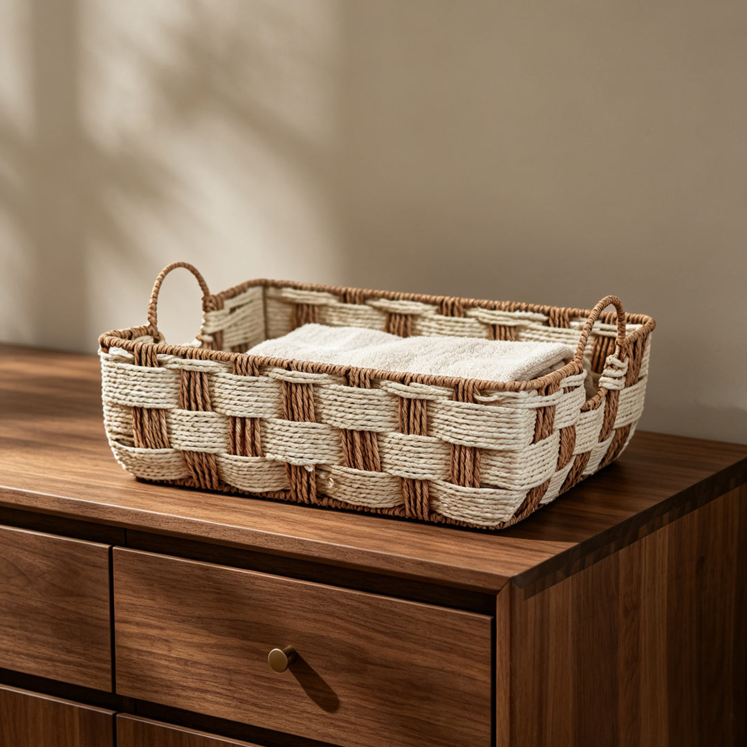 Storage basket made of woven material