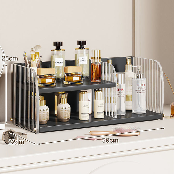 Two-Tier Countertop Beauty and Skincare Organizer with Adjustable Middle Shelf and Vertical Wire Panels