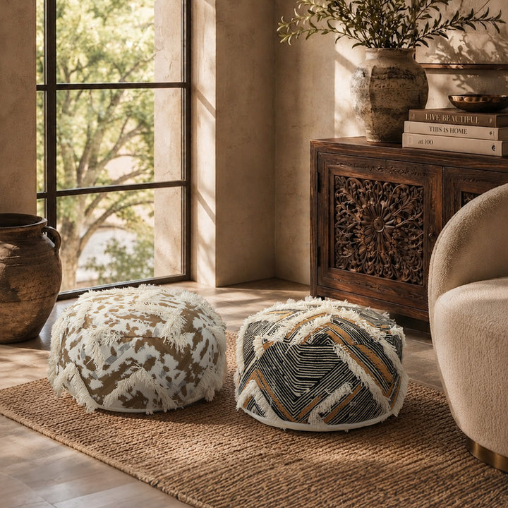 Beef woven seat pouf with boho tassels and textured tufted surface