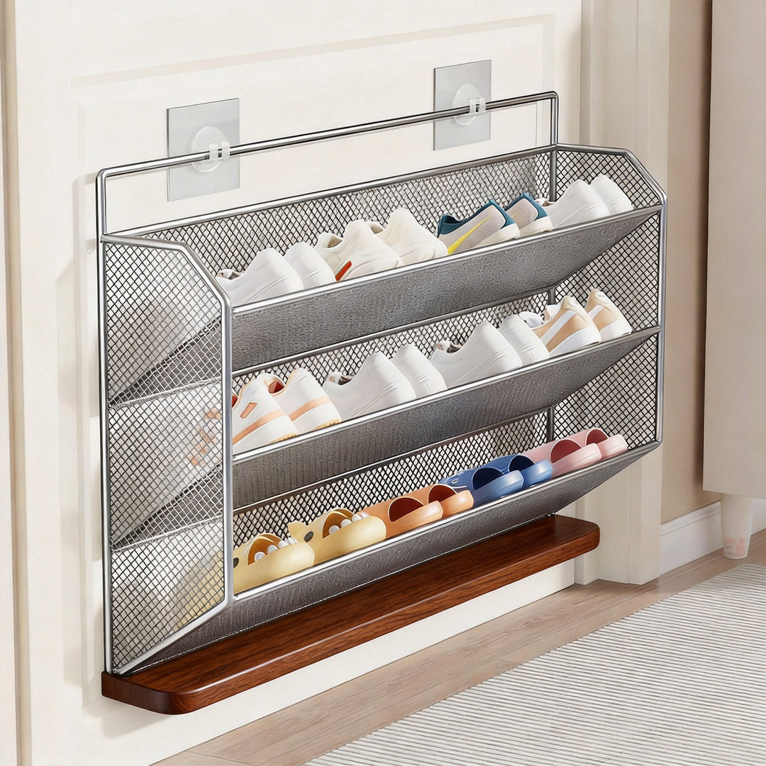 Wall-Mounted Slim Drop-Down Mesh Shoe Shelf Rack