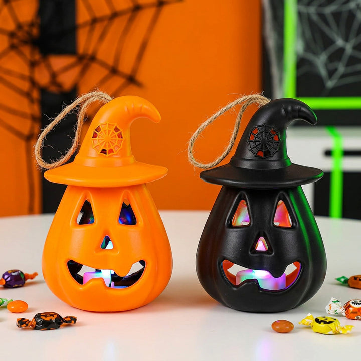 Halloween hanging LED pumpkin lantern ceramic ornament lantern with witch hat and jute rope