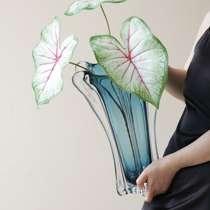 Tall Fluted Hand-Blown Sculptural Glass Centerpiece Vase