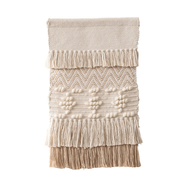 Macrame Wall Hanging with Fringe, hand-knotted cotton texture