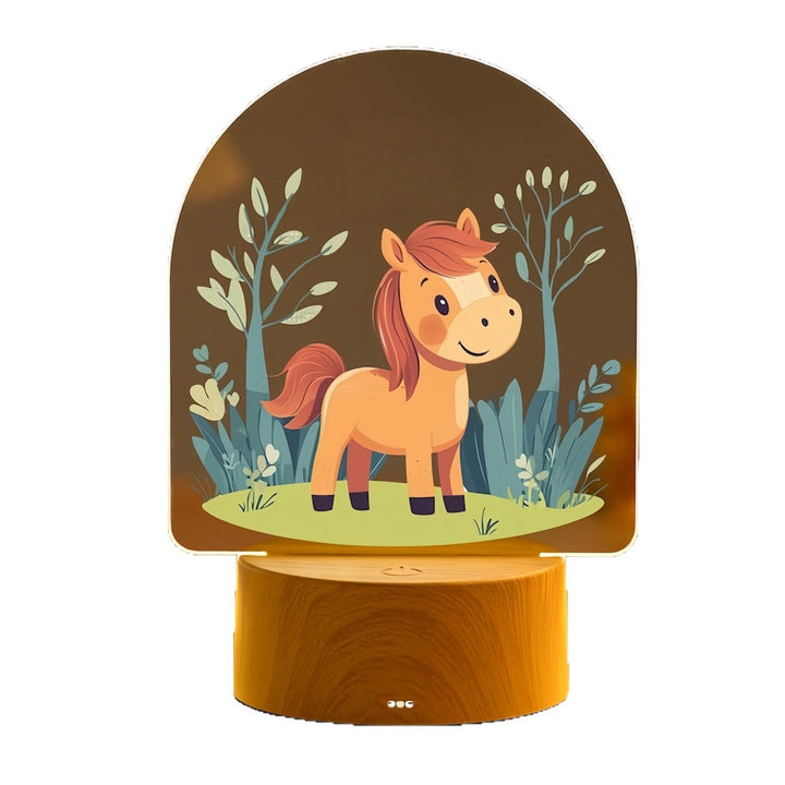 Child LED Acrylic Night Light with Cute Pony Illustration and Wooden Base