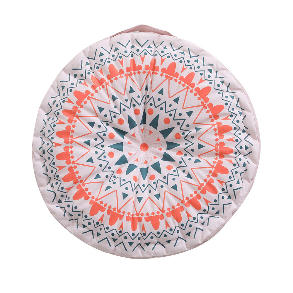 Round seat cushion with mandala print, thickly padded floor seating mat and carrying handle