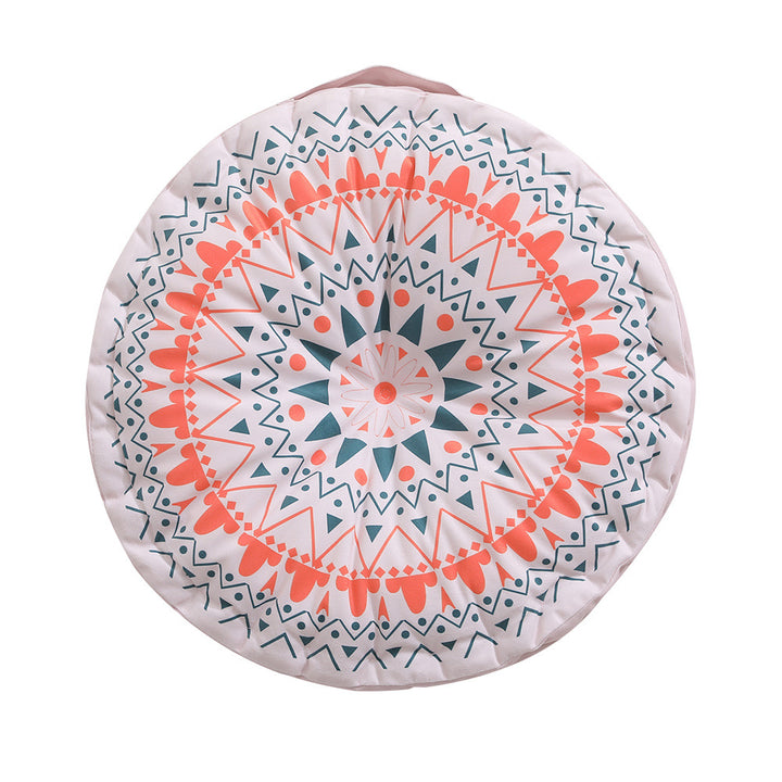 Round seat cushion with mandala print, thickly padded floor seating mat and carrying handle