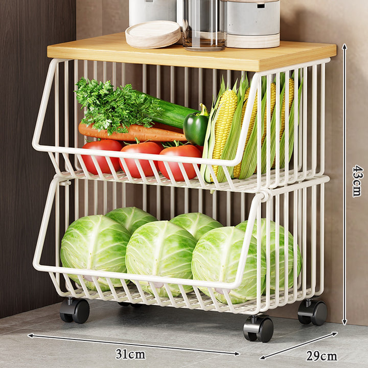 Multi-Tier Rolling Kitchen Fruit and Vegetable Storage Cart with Wood Top
