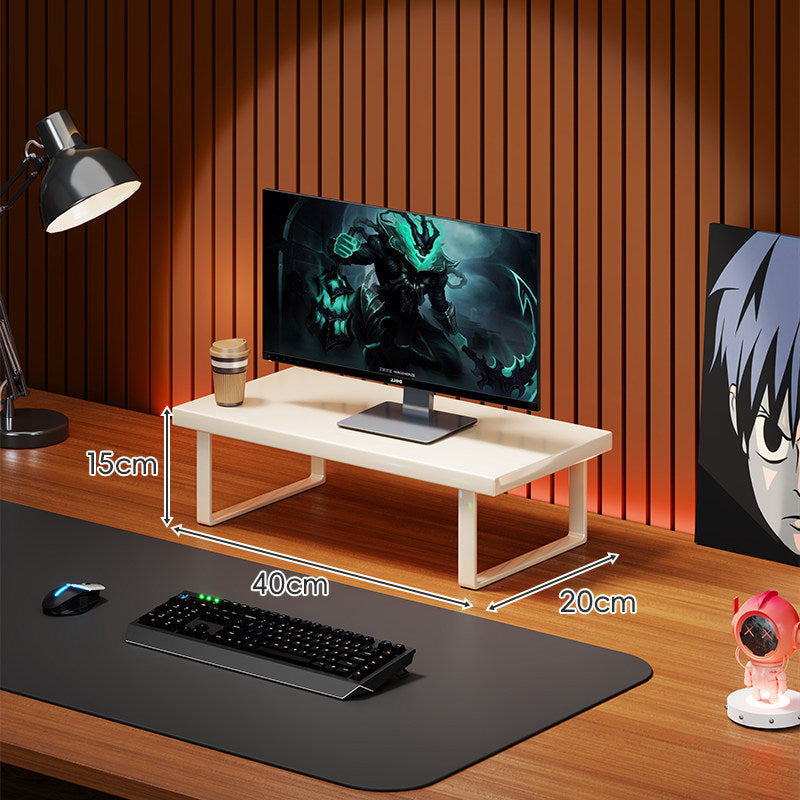 Elevated Wooden Monitor Riser Stand with Metal Bracket Legs and Cable-Friendly Desktop Shelf