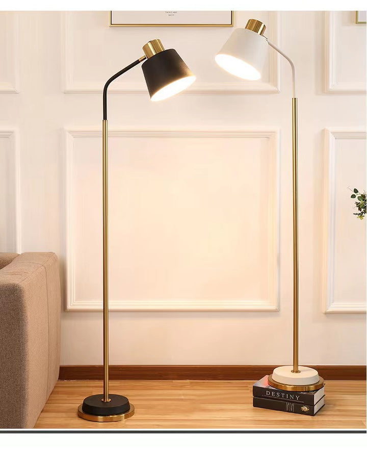 Slim Brass Torchiere Floor Lamp with Tilted Cone Shade and Adjustable Neck