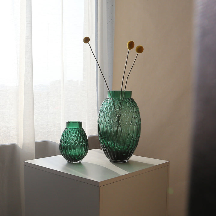 Hand-Blown Textured Glass Tabletop Vase with Scalloped Oval Motif