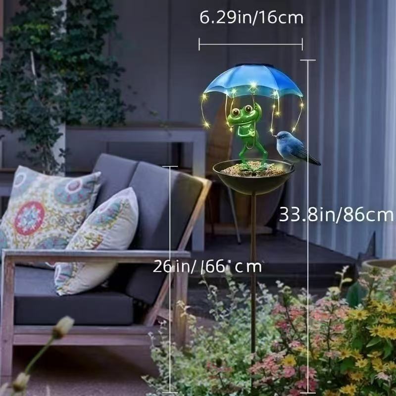 Decorative garden birdhouse stake with protective umbrella and playful frog decoration