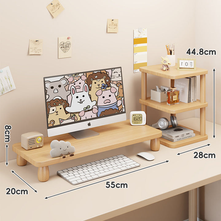 Solid Wood Low-Profile Monitor and Display Riser with Rounded Peg Legs and Keyboard Slide-Out Space