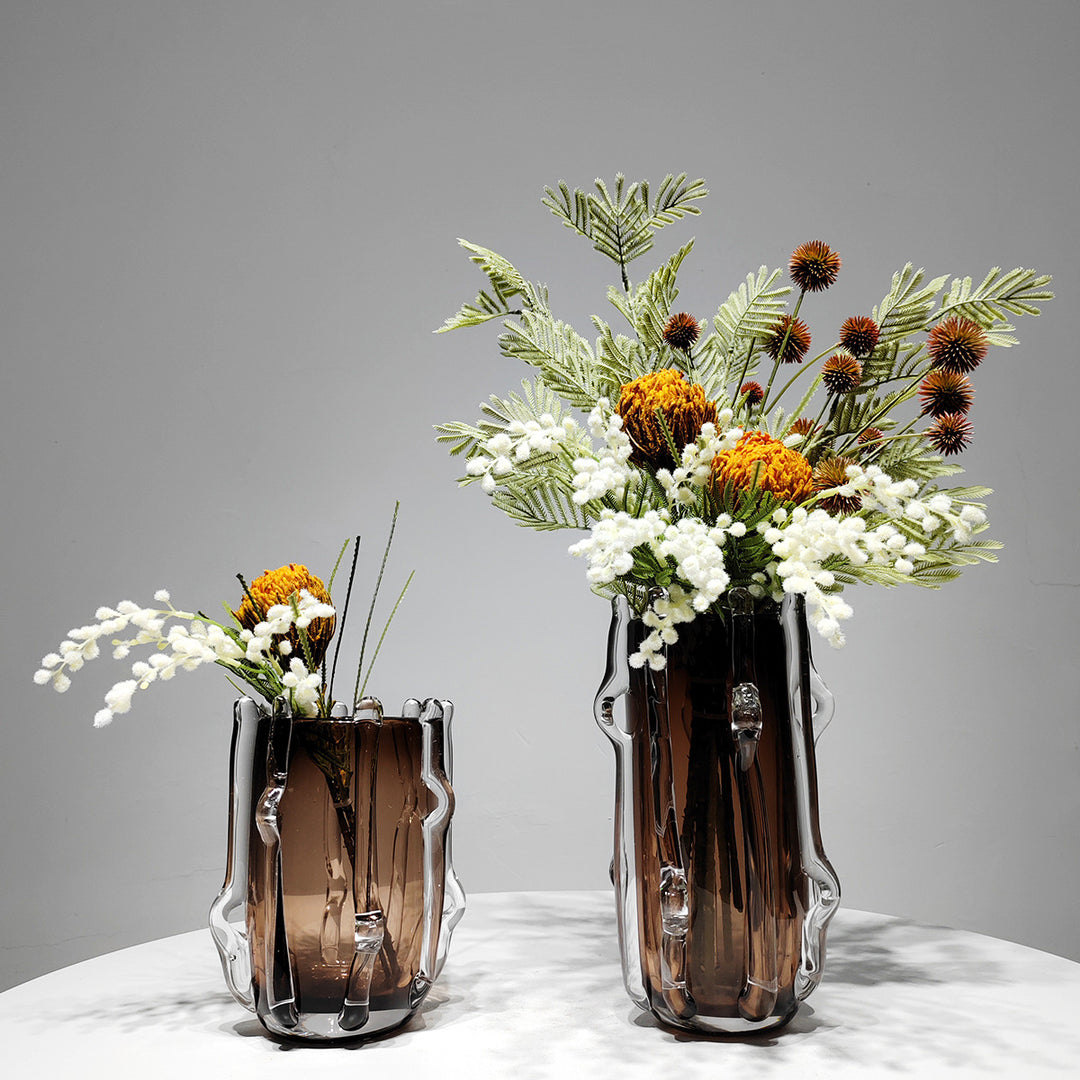 Organic Drip-Edge Cylindrical Art Glass Vase with Applied Clear Ribs