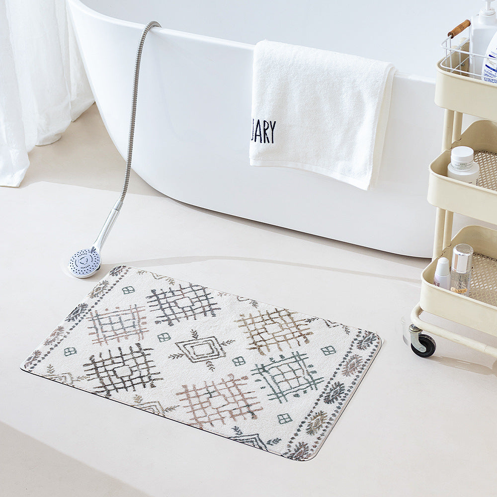 Boho cotton bath mat with fringes and geometric diamond pattern