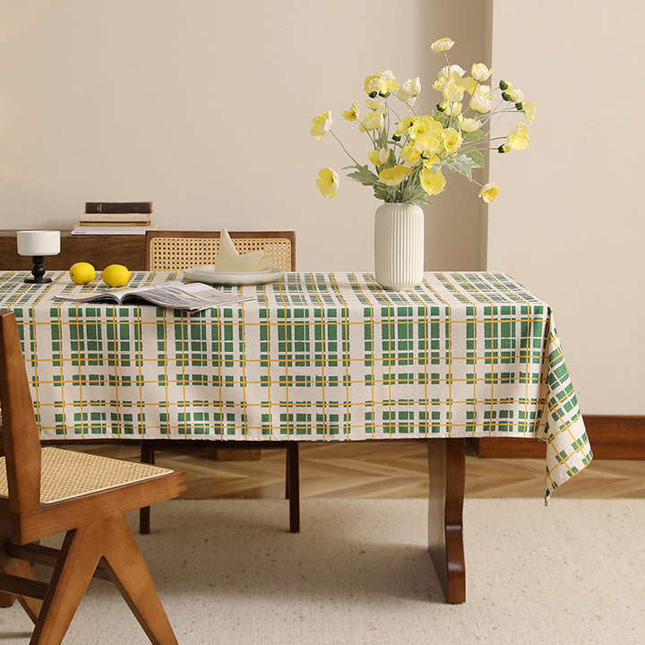 Light cotton-linen tablecloth with checked grid pattern and easy-care surface