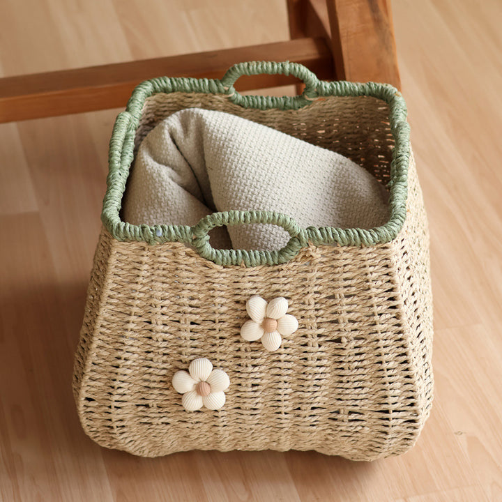 Stylish storage basket with flower appliqué