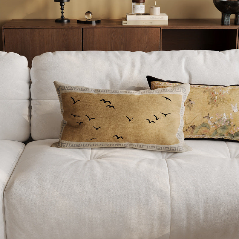 Decorative Rectangular Linen-Blend Lumbar Pillow Cover with Oriental Bird and Blossom Print and Contrast Velvet Border