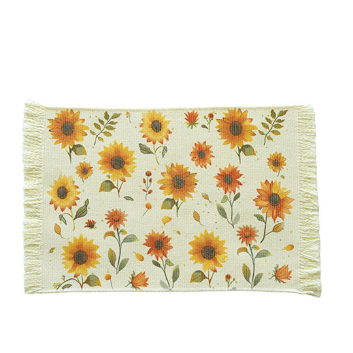 Rectangular woven rug in tropical palm pattern with flat weave and fringes