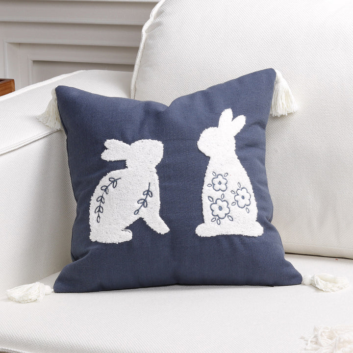 Decorative Lumbar Pillow Cover with Tufted Bunny Appliqués and Corner Tassels