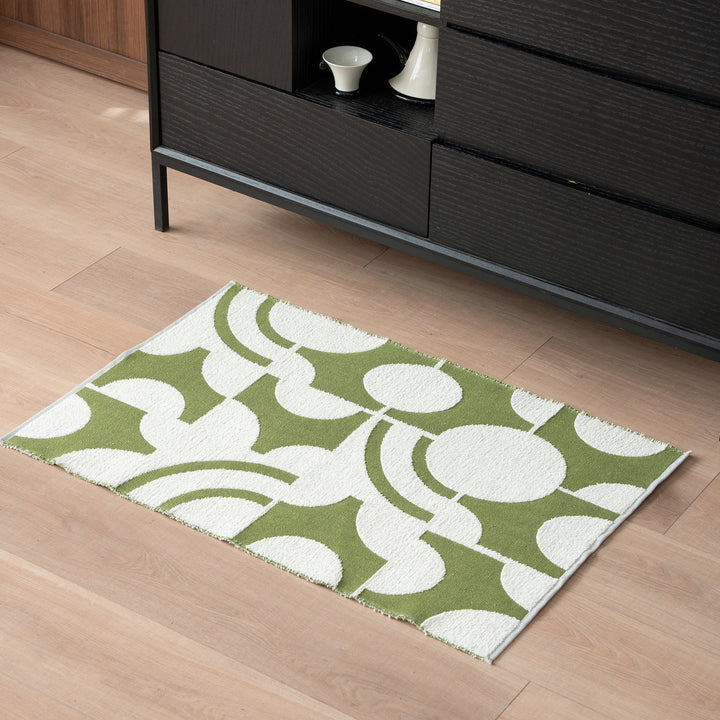 Modern runner rug with graphic checkerboard pattern and short pile structure