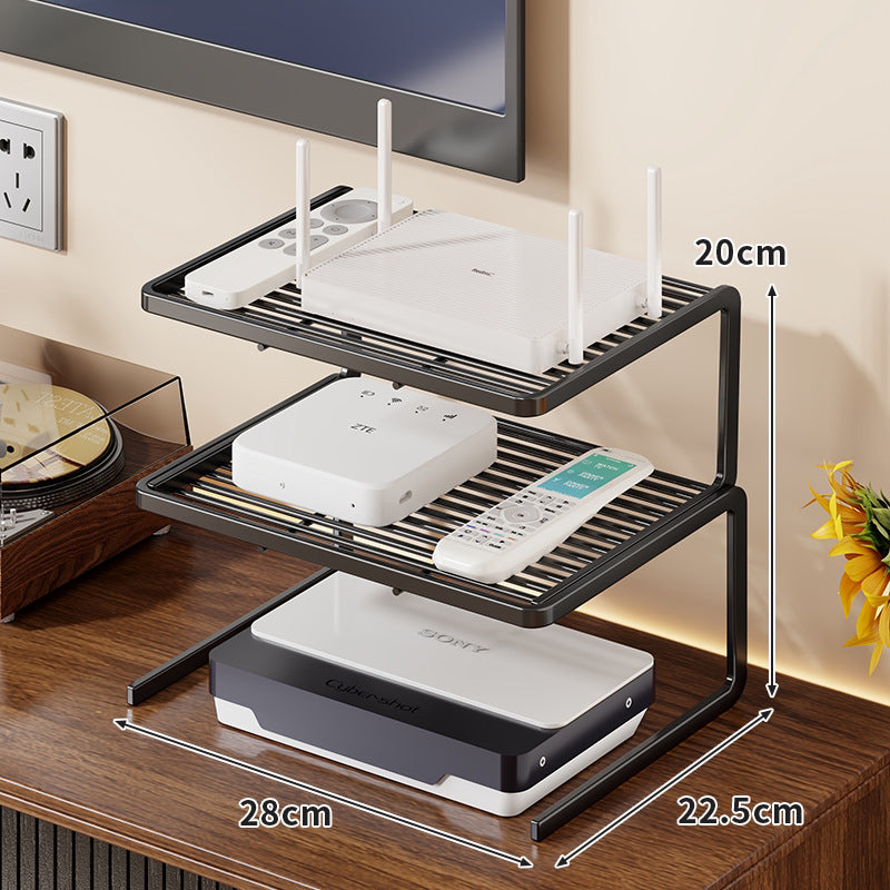 Two-Tier Ventilated Metal Electronics Organizer Shelf for Routers, Set-Top Boxes and Remotes