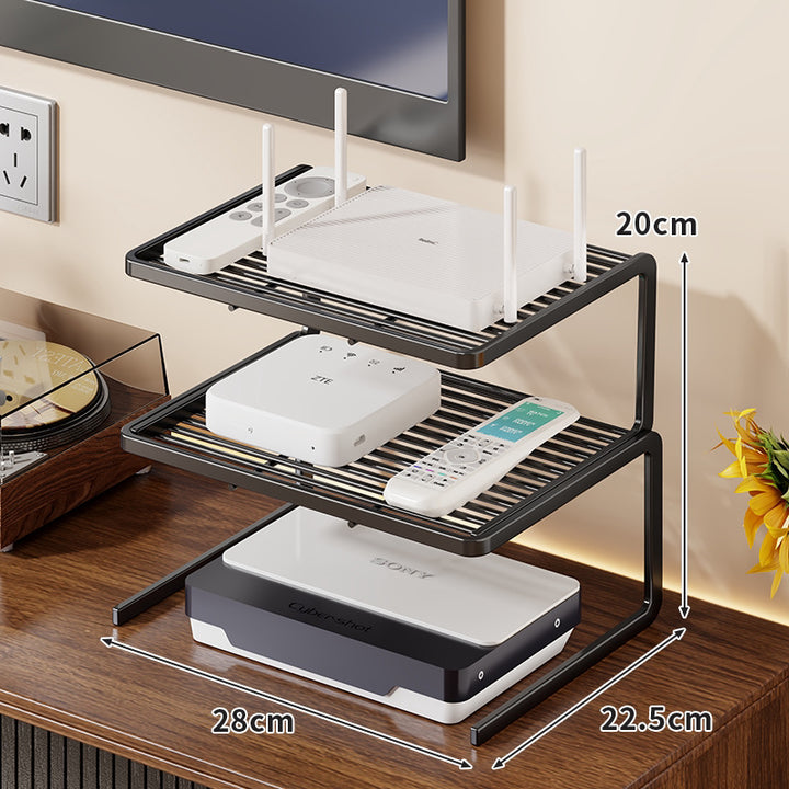 Two-Tier Ventilated Metal Electronics Organizer Shelf for Routers, Set-Top Boxes and Remotes
