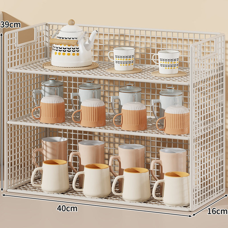 Three-Tier Wire Grid Countertop Display Shelf with Faux-Wood Removable Trays
